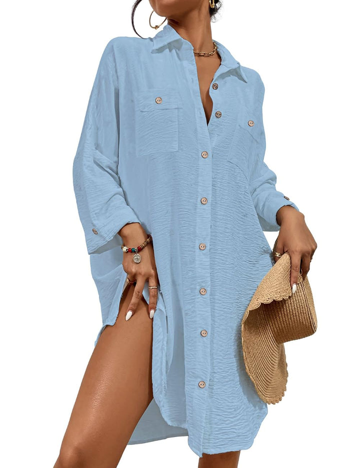 Frauen Badeanzug Coverup Shirt Kleid Button Down Badeanzug Cover Up Beachwear, B-hell Blau M