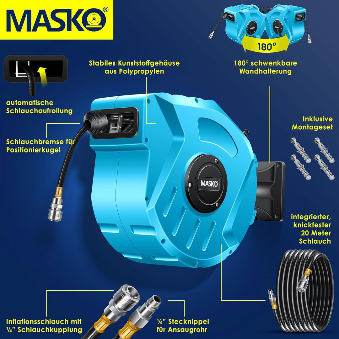 MASKO® 20m Druckluftschlauch Aufroller automatisch 1/4" Anschluss - Schlauchtrommel Wandschlauchhalt
