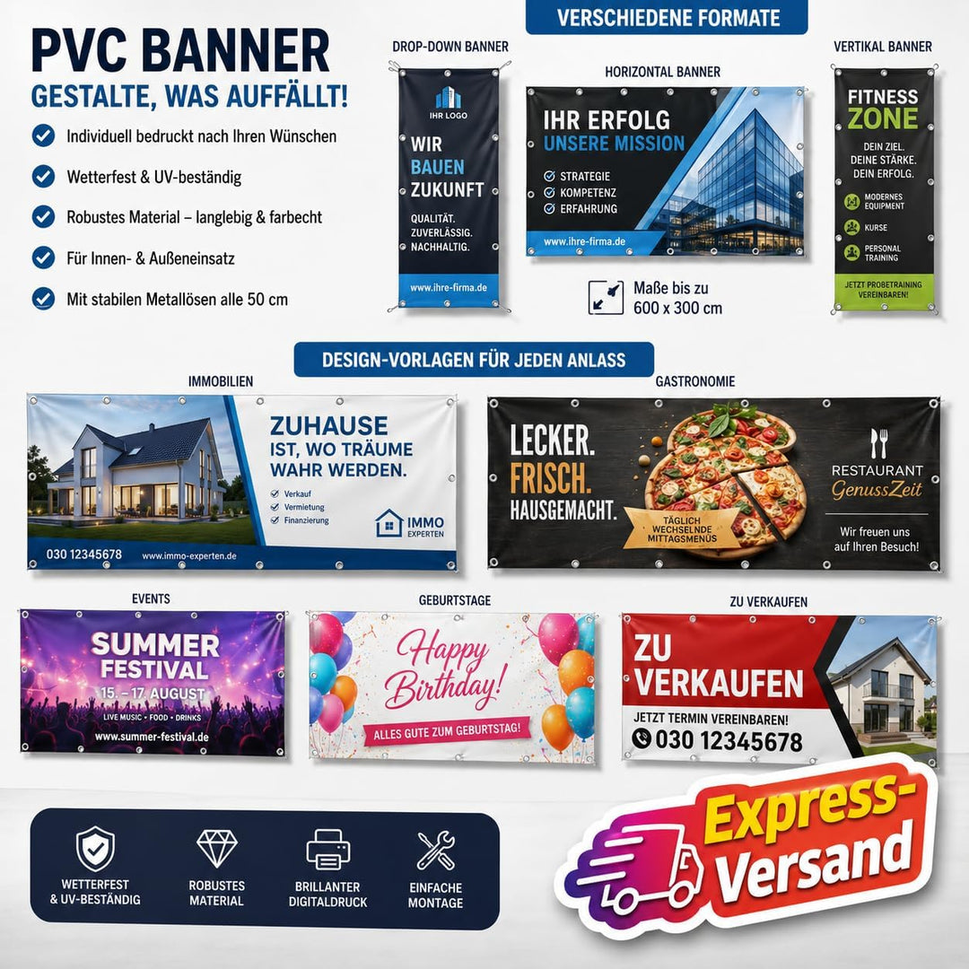 PRINT.GG Personalisierter Werbebanner - Gestalten Sie Ihr eigenes Banner mit Text, Grafik und Farben