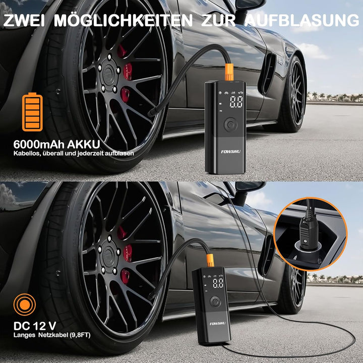 FOWAWU Elektrische Luftpumpe Fahrradpumpe 6000mAh 150PSI Mini Akku Luftpumpe Wiederaufladbarer Akku