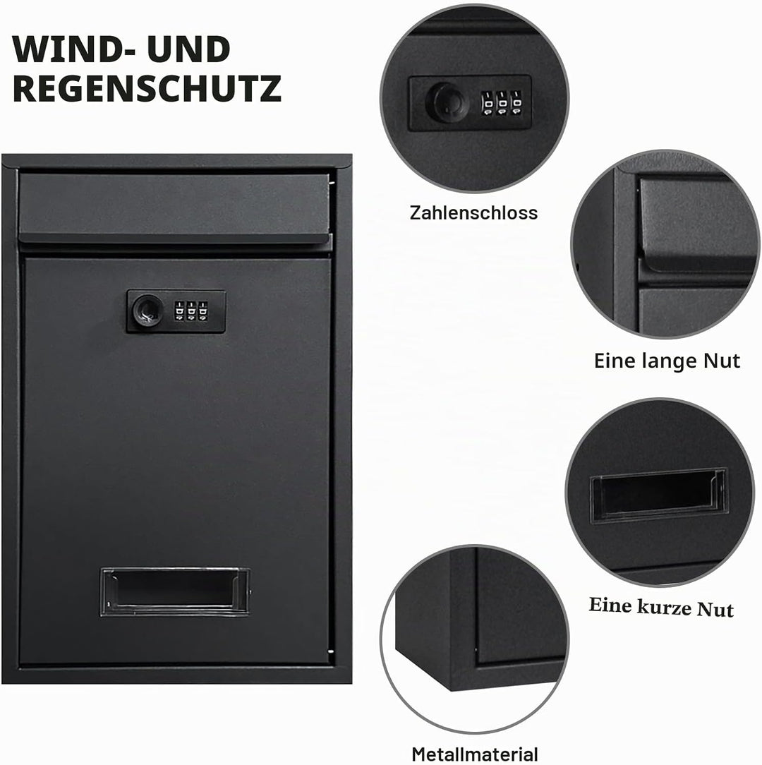 Briefkasten Schwarz mit Zahlenschloss, Wetterfester Wandbriefkasten aus Stahl, Postkasten Regenabwei