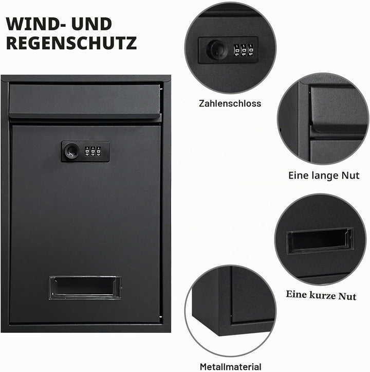 Briefkasten Schwarz mit Zahlenschloss, Wetterfester Wandbriefkasten aus Stahl, Postkasten Regenabwei