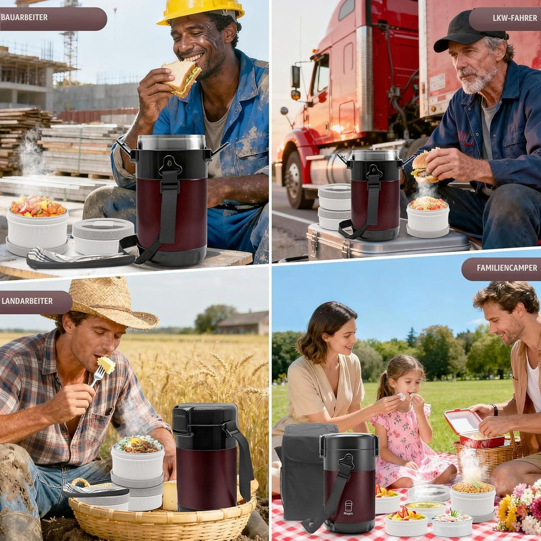 KATLKIU Thermobehälter Essen mit 4 Einzelnen Trennbehältern, Isolier-Lunchbox Edelstahl 2.6L, Auslau