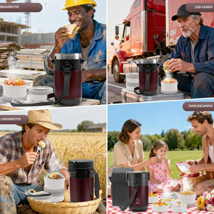 KATLKIU Thermobehälter Essen mit 4 Einzelnen Trennbehältern, Isolier-Lunchbox Edelstahl 2.6L, Auslau
