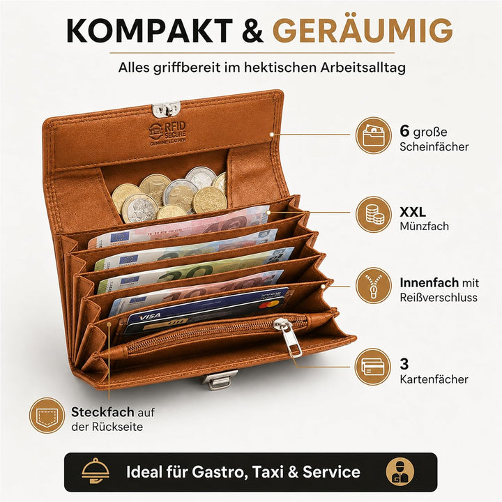 FLEXIBILITE Profi Kellner Geldbörse Profi Wasser Büffel [2025] Echt Leder RFID (18,5 x 9,5 x 4,5cm B