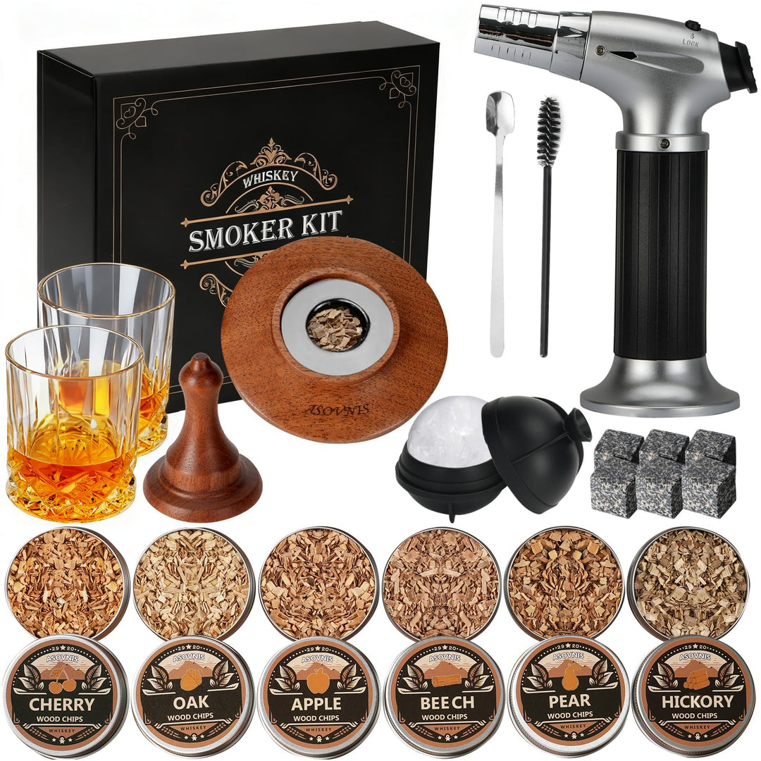 Whisky-Räucherset mit Fackel-6 Geschmacksrichtungen, Holzspäne, 2 Gläser, 6 Whiskysteine, Cocktail-R