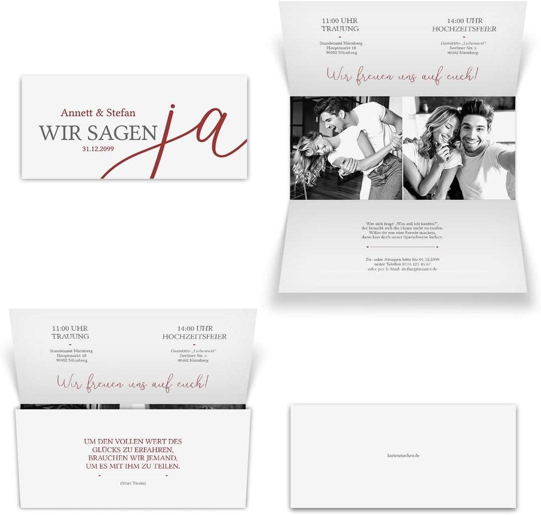 Kartenmachen.de 10 x Personalisierte Hochzeitseinladungen, Einladungskarten zur Hochzeit DIN Lang Wi