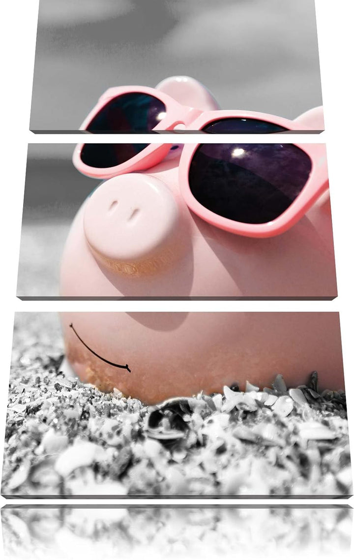 Pixxprint Cooles Sparschwein mit Sonnenbrille am Strand schwarz/weiss 3-Teiler Leinwandbild 120x80 B