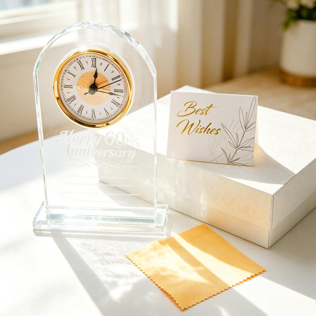 Hoypeyfiy Romantische Kristall Tischuhr, Elegante Glas Uhr für das 60. Hochzeitsjubiläum Geschenk, D