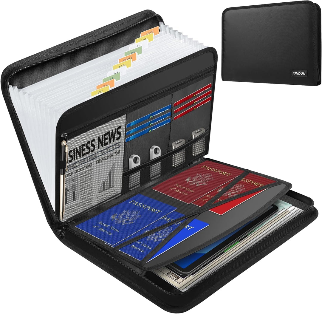 JUNDUN Fächermappe - Dokumentenmappe a4 mit mehreren Fächern - Feuerfest Dokumententasche mit Reissv