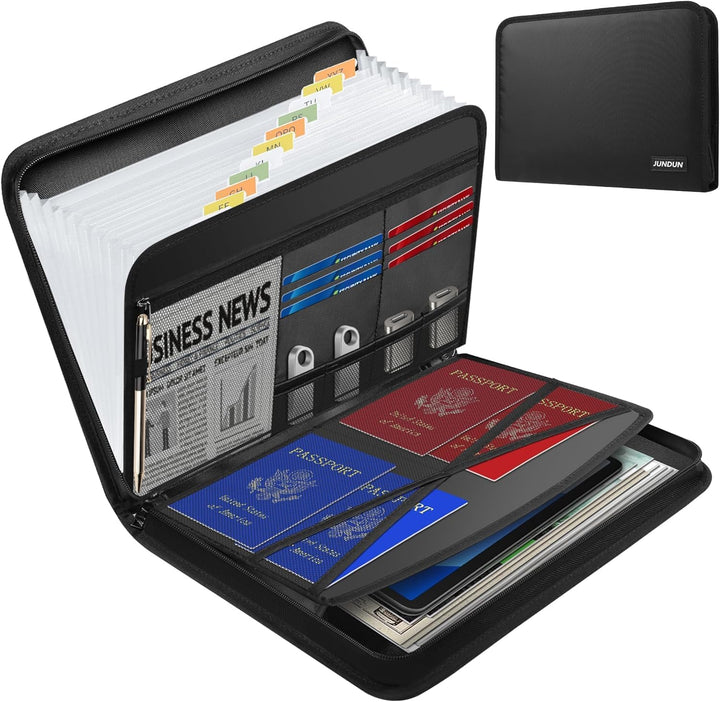 JUNDUN Fächermappe - Dokumentenmappe a4 mit mehreren Fächern - Feuerfest Dokumententasche mit Reissv