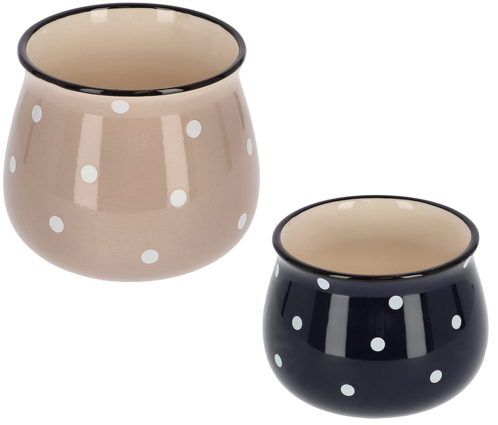 KOTARBAU® Keramik Blumentopf Übertopf Beige ⌀ 125 mm Dunkelblau ⌀ 110 mm in Weisse Punkte Erbsen Bei