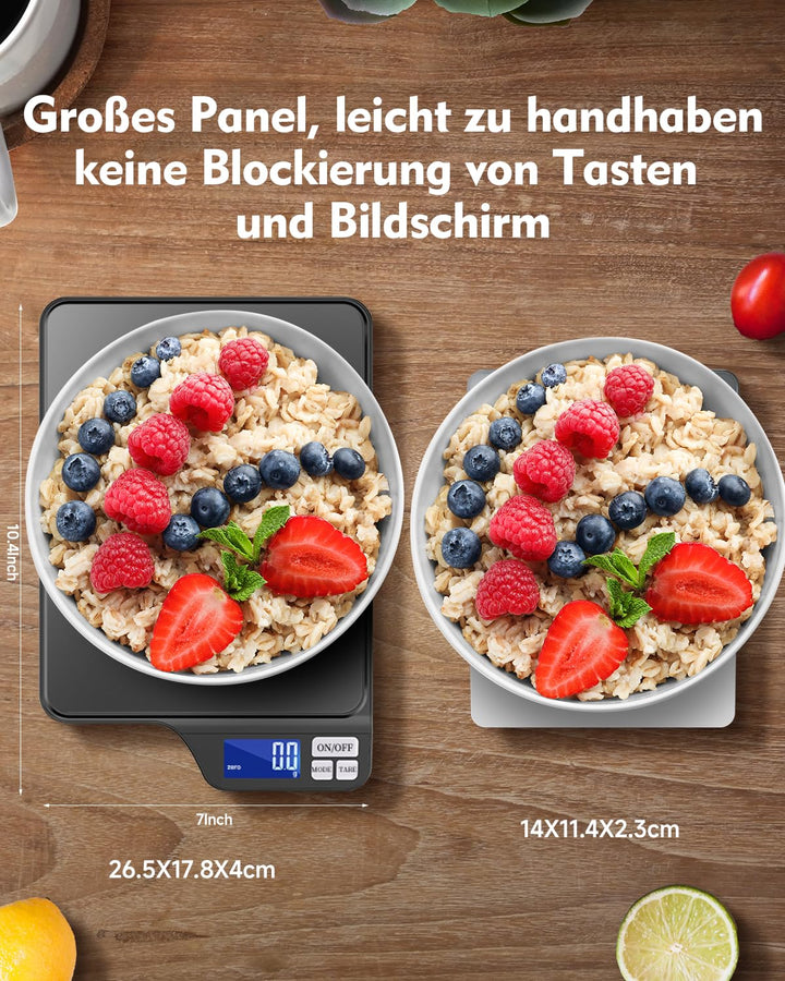 Küchenwaage Digital USB-Aufladung, 5KG/0.1g Tara Funktion, Waage küchen mit Grosser Edelstahl Küchen