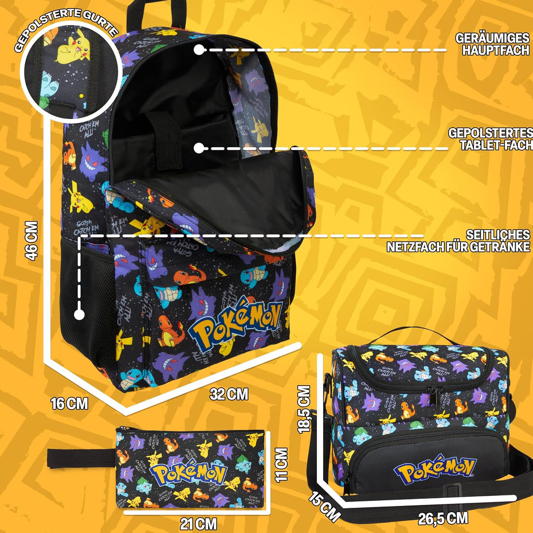 Get Trend Pokemon Rucksack Kinder 3er Set, Kinderrucksack mit Federmäppchen und Isolierte Lunchtasch