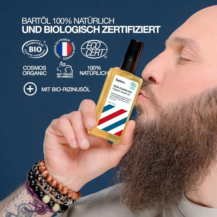 Sapiens Barbershop Bartöl Herren - BIO Bartpflege Öl Cosmos Organic Zertifiziert mit Rizinusöl - Bar