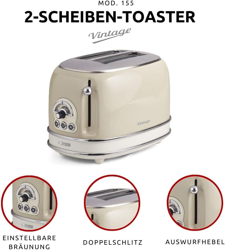 Ariete Vintage 155, 2-Scheiben-Toaster, Retro Toaster mit 6 Toaststufen, Automatischer Auswurf, Auft