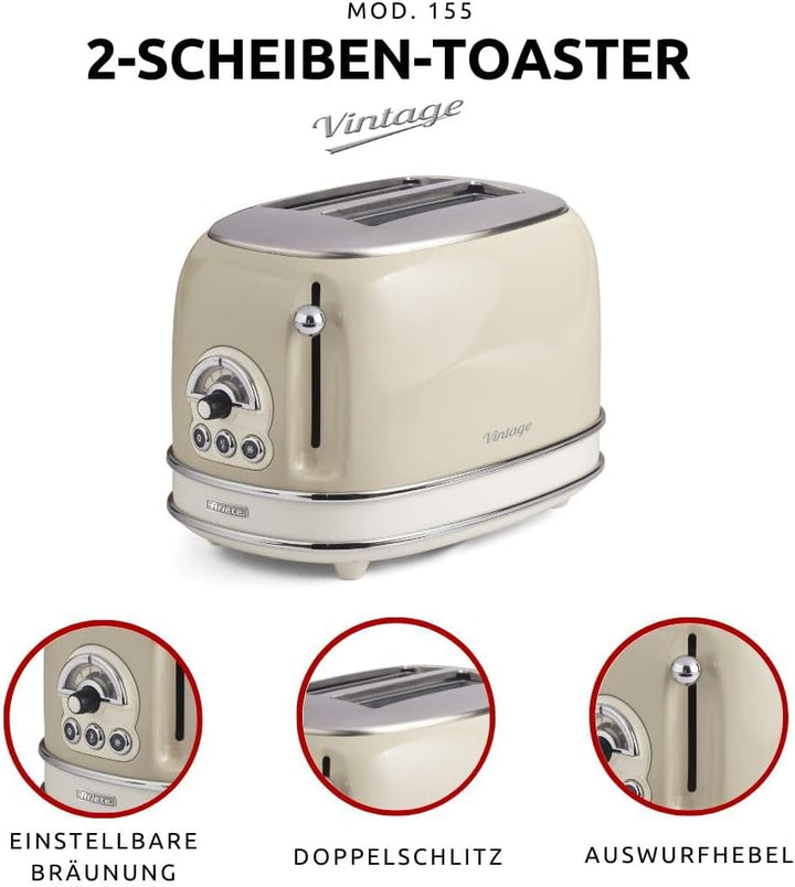 Ariete Vintage 155, 2-Scheiben-Toaster, Retro Toaster mit 6 Toaststufen, Automatischer Auswurf, Auft