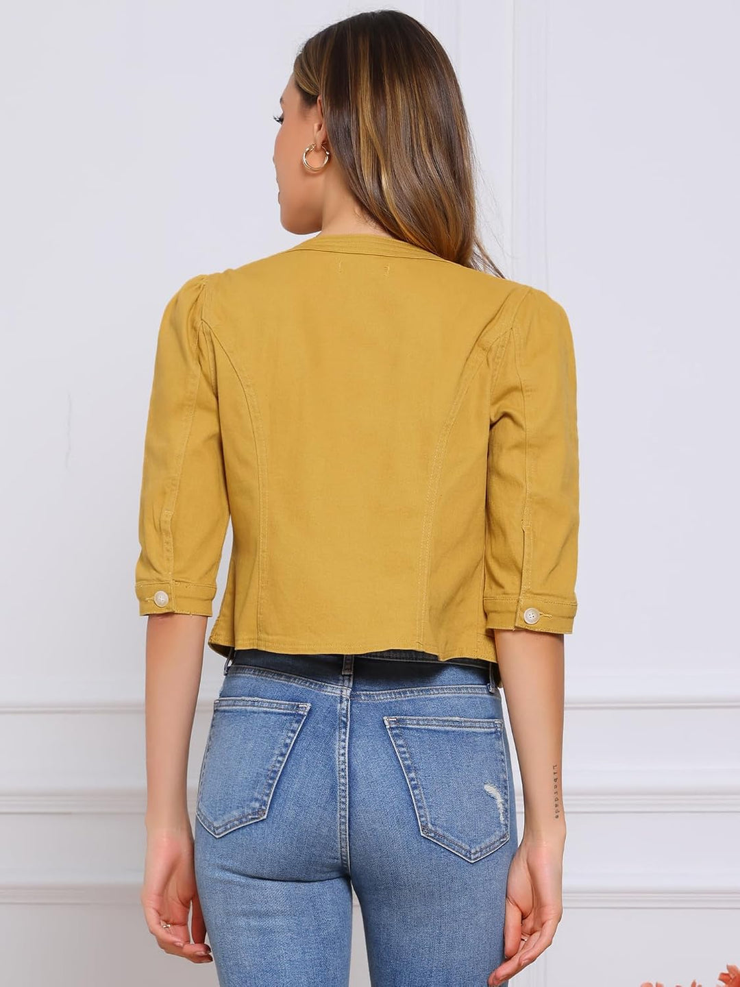 Allegra K Damen Kurze Jeansjacke Kragenlos 3/4 Ärmel Jeansjacken S Gelb, S Gelb