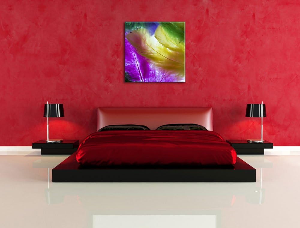 Pixxprint Bunte Federn, Format: 70x70 auf Leinwand, XXL riesige Bilder fertig gerahmt mit Keilrahmen