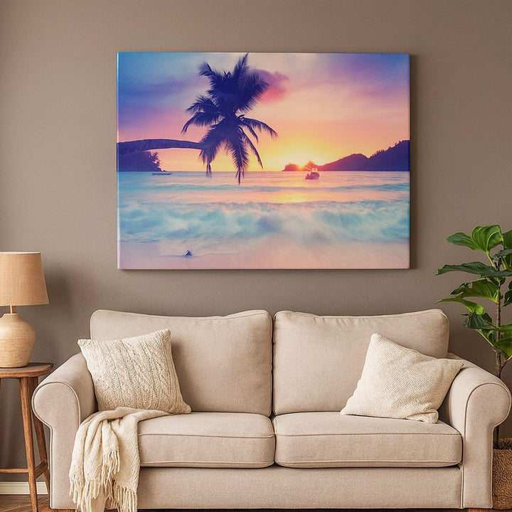 Bilder auf Leinwand 100x70cm Leinwandbild mit Rahmen Meer Strand Palme Gross Wanddeko Bild Schlafzim