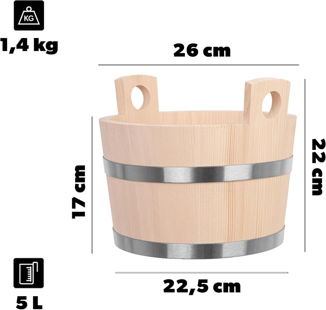 KADAX Saunakübel aus Holz, 5 Liter, Holzeimer mit Griffen, Saunaeimer für Aufgüsse, Eimer aus Naturh