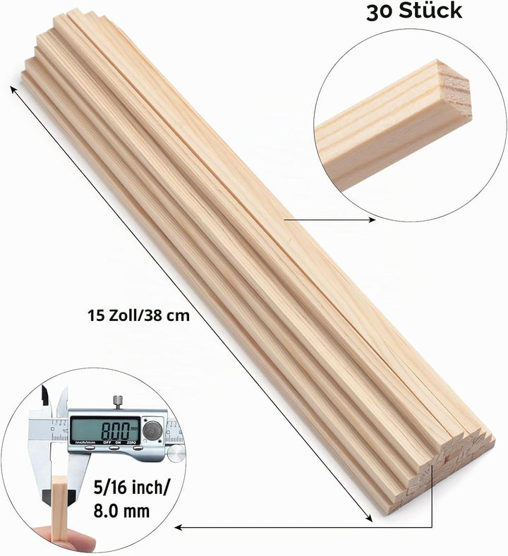 Quadratische Holzdübel, 5/16 Zoll x 38 cm, 30 Stück, unlackierte Hartholzstäbe zum Basteln 5/16"×15"