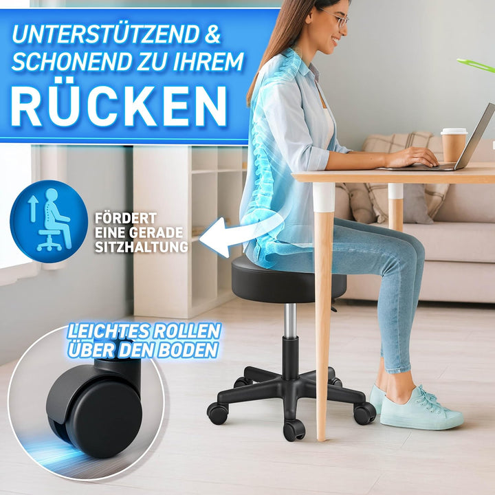 TRESKO Rollhocker höhenverstellbar Schwarz bis 150 kg | Hocker Drehhocker 10 cm Dicke Polsterung 47-