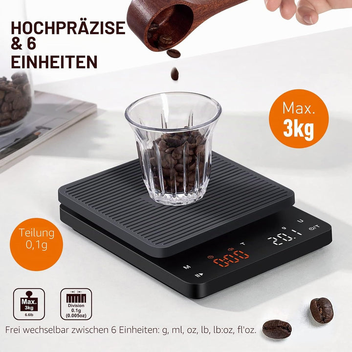 Bagail Digitale Kaffeewaage mit Timer 0,1 g Hochpräzise Elektronische Küchenwaage mit Grossem Displa