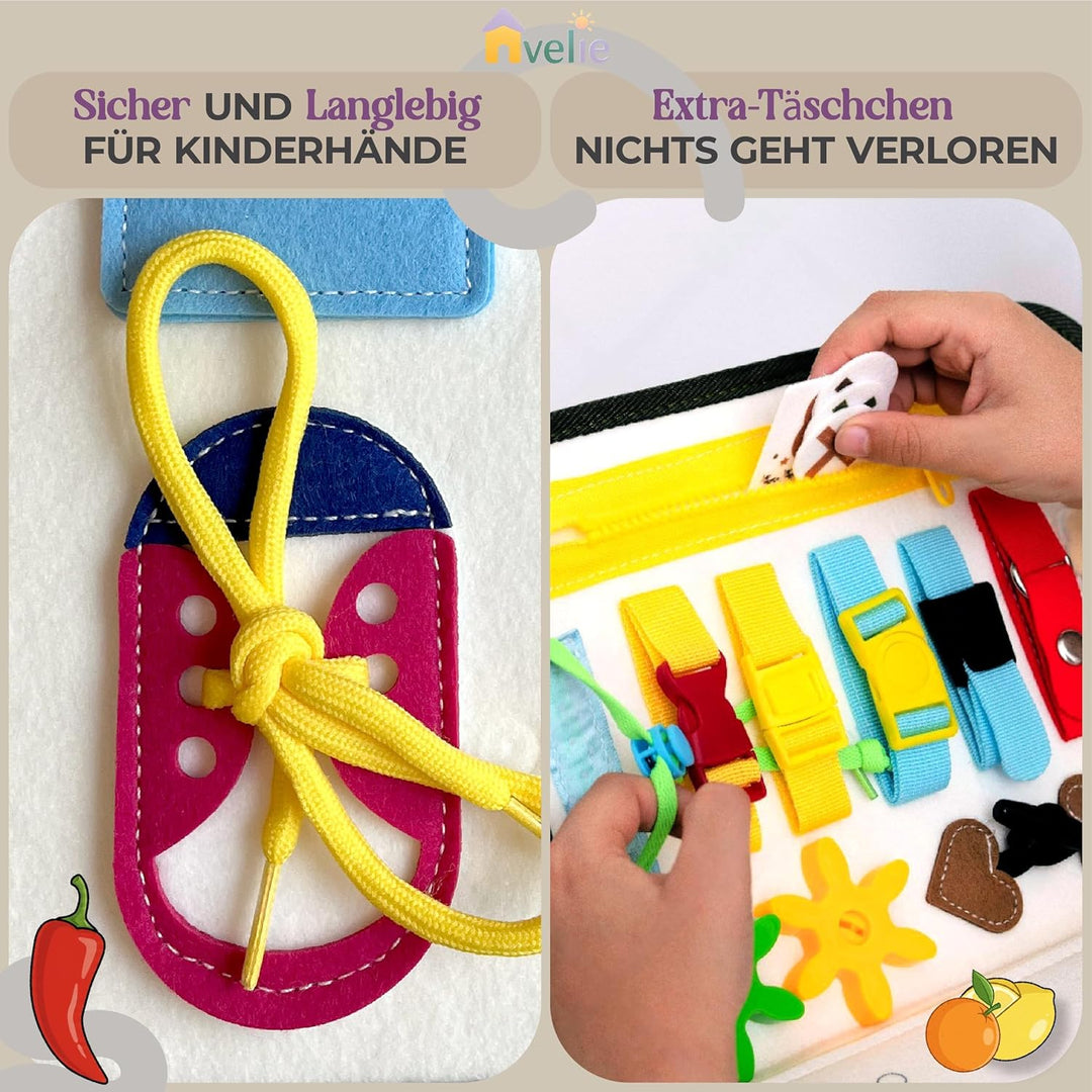 Avelie Montessori Busy Board mit Schultergurt – Filz Motorikspielzeug ab 3 Jahren – Deutsche & Engli