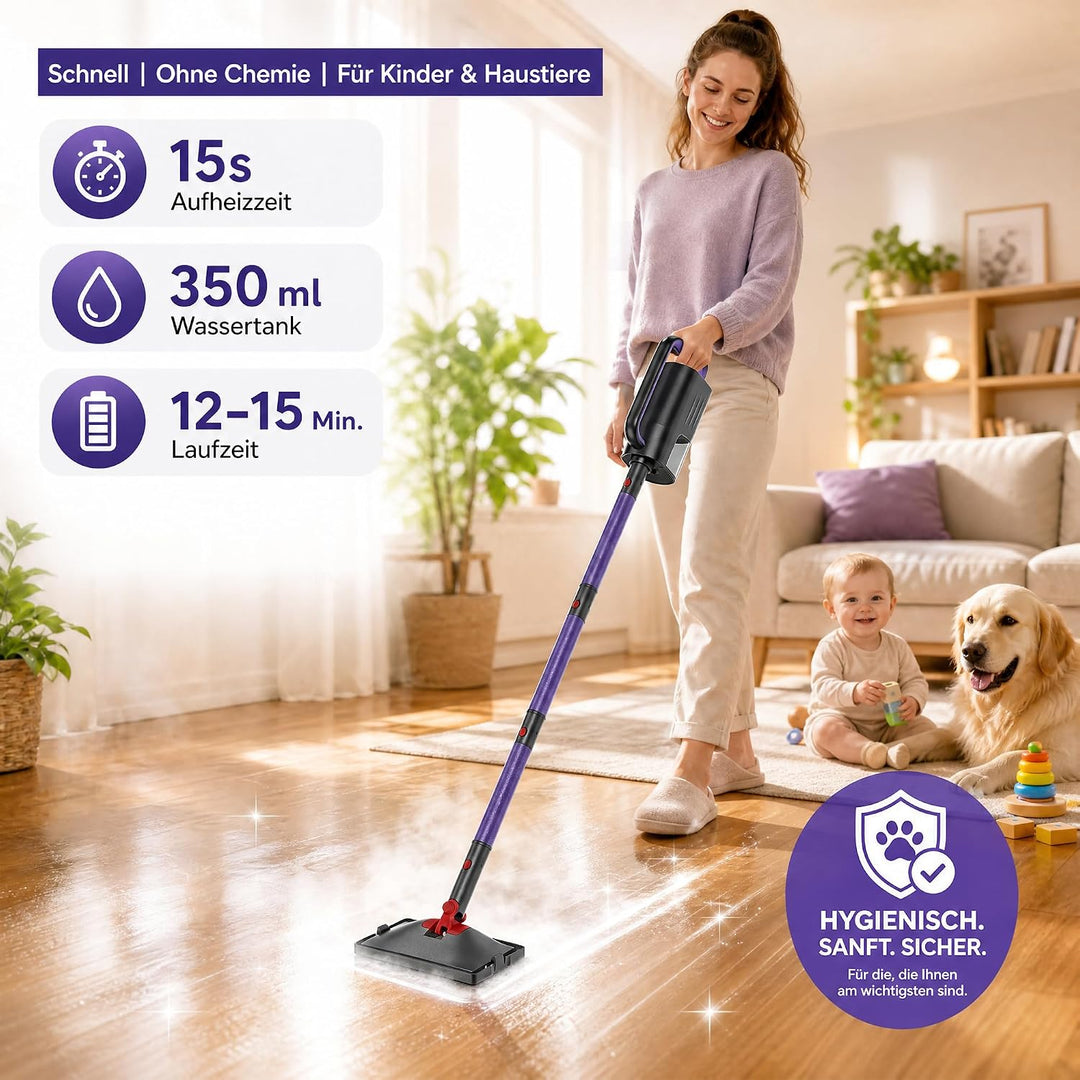 2-in-1 Dampfreiniger,1500W Handgerät,15s Aufheizung | 15s Aufheizung, 8+4 Zubehörteile,5m Kabel &amp; Dr