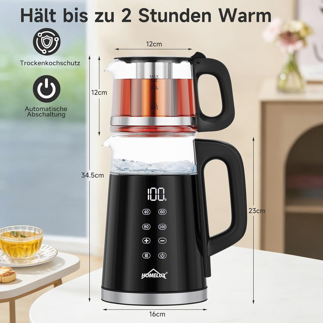 Glas Wasserkocher 1.7L + 1L, 2200W Teekocher Teekannen mit Warmhaltefunktion und Teetrichter, Wasser