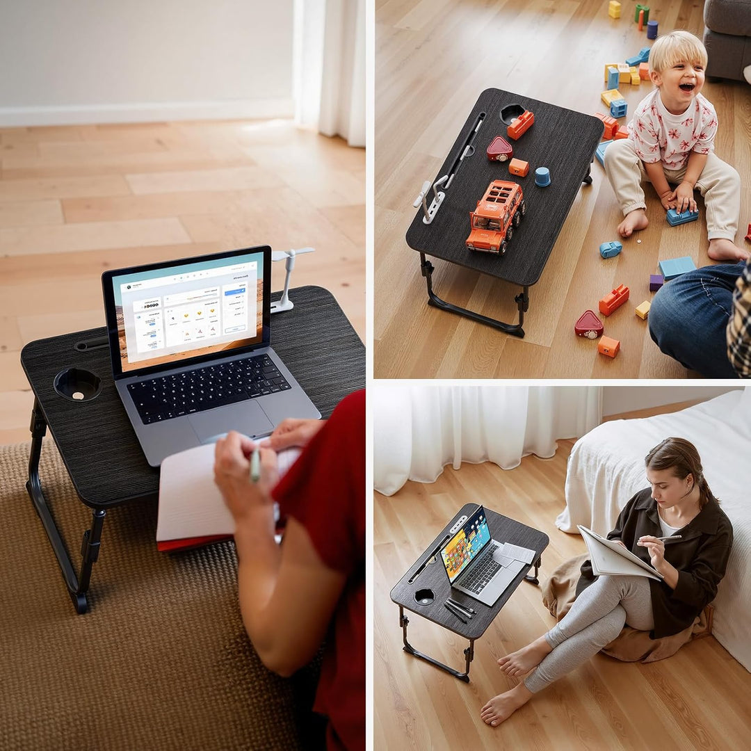 Warmiehomy Laptoptisch fürs Bett, Höhenverstellung Tablettisch mit klappbaren Beinen & Getränkehalte