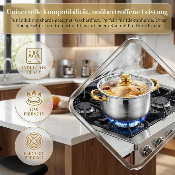 Kochtopf-Set 5-teilig, Edelstahl Topfset mit Glasdeckel und Stielkasserolle, Für Induktion und Alle