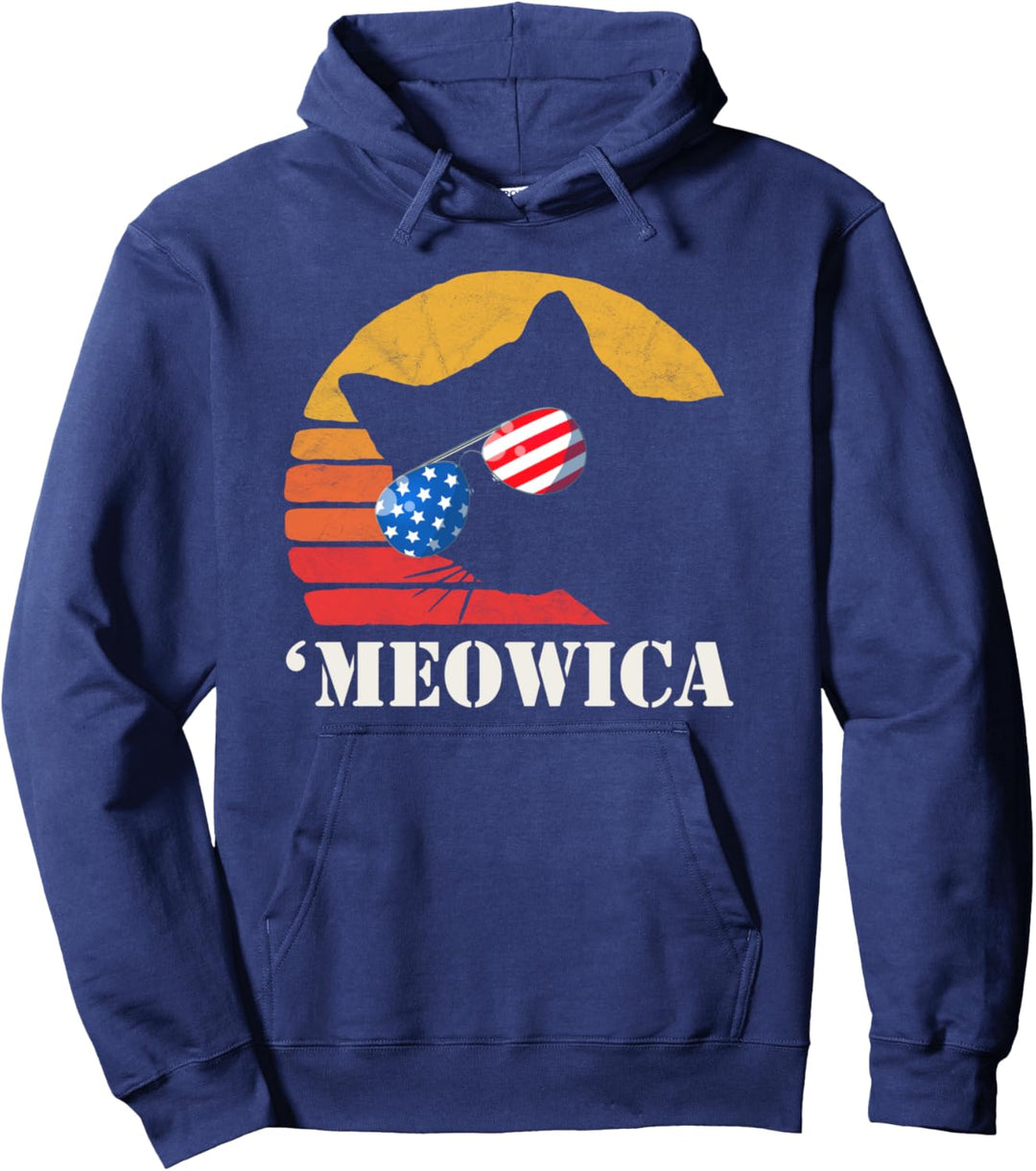 Meowica! Funny USA Cat sunglasses Fourth of July Vintage Pullover Hoodie