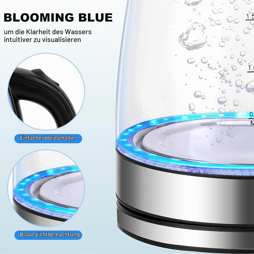 Glas Wasserkocher 2,0 liter, 2300w, BPA-frei, LED Beleuchtung, Schnelles Kochen,Wasserkocher aus Bor