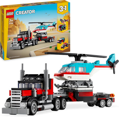 LEGO Creator 3in1 Tieflader mit Hubschrauber, Fahrzeuge-Set & City Blauer Monstertruck, Offroad-Auto