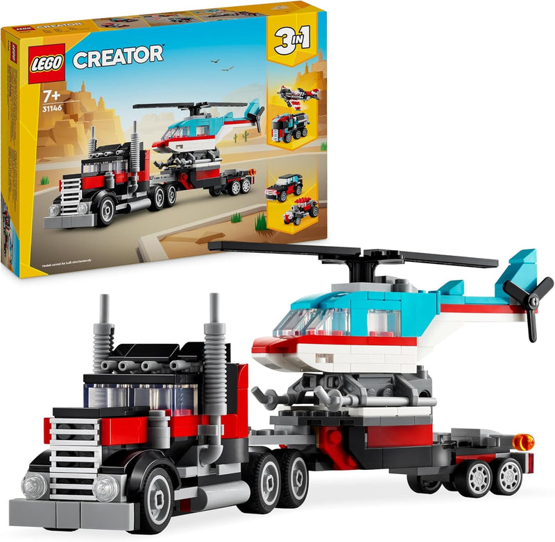 LEGO Creator 3in1 Tieflader mit Hubschrauber, Fahrzeuge-Set & City Blauer Monstertruck, Offroad-Auto