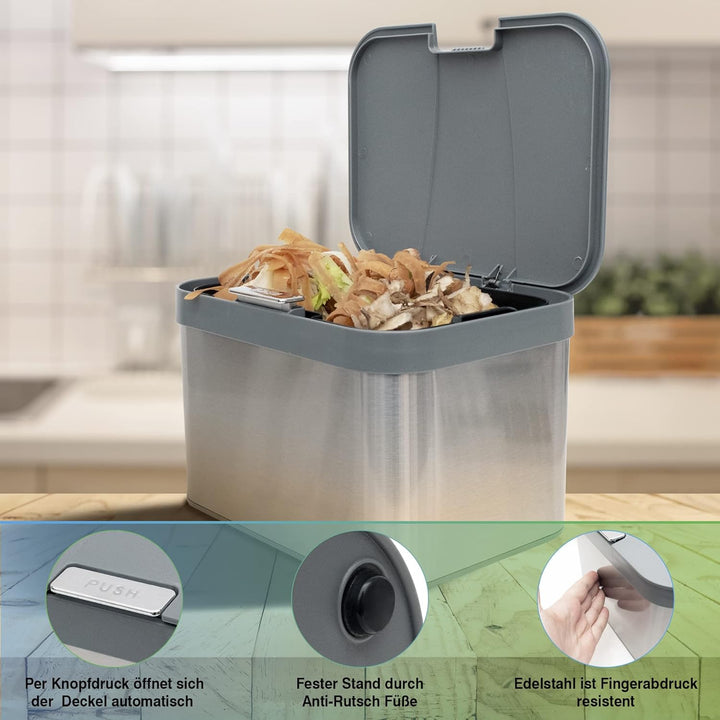 YourCasa® Biomülleimer Küche 4,3 L aus Edelstahl - geruchsdichter Bio Mülleimer mit Deckel & spülmas