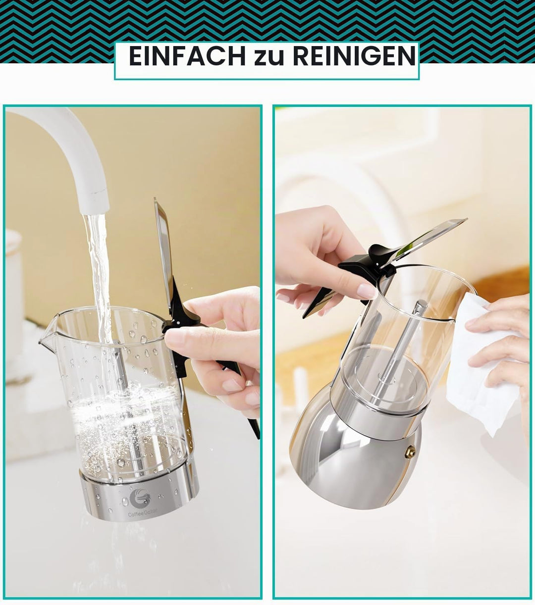 Coffee Gator Espressokocher Herdplatten, Espresso Mokkakanne aus Klarglas & Edelstahl - Kaffee Nach