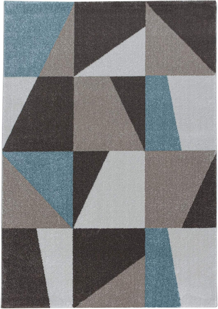 Modern Designer Kurzflor Teppich, Geometrische Karo Design, Läufer Teppich, Braun - Beige - Blau Far