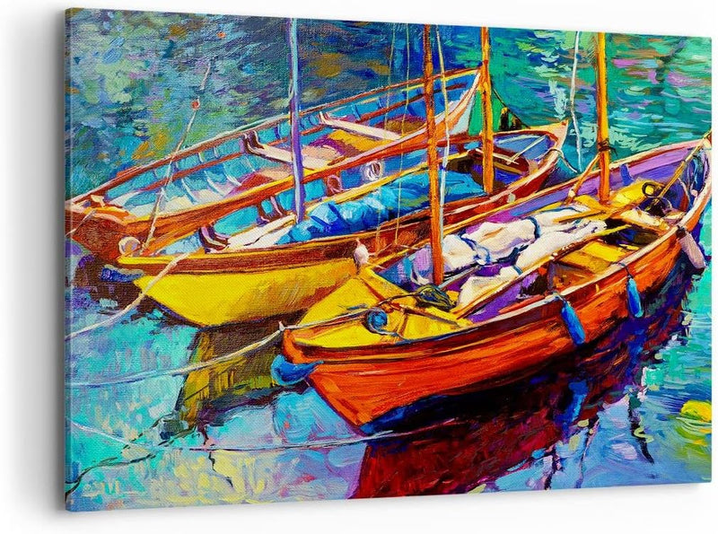 Bilder auf Leinwand 100x70cm Leinwandbild Boote Bunt Angeln Wasser Gross Wanddeko Bild Schlafzimmer