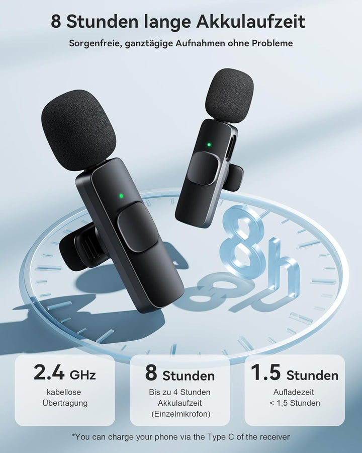 KUKIHO Kabelloses Lavalier Mikrofon, 2 Mini Ansteckmikrofon mit Geräuschunterdrückung, Plug-Play Han