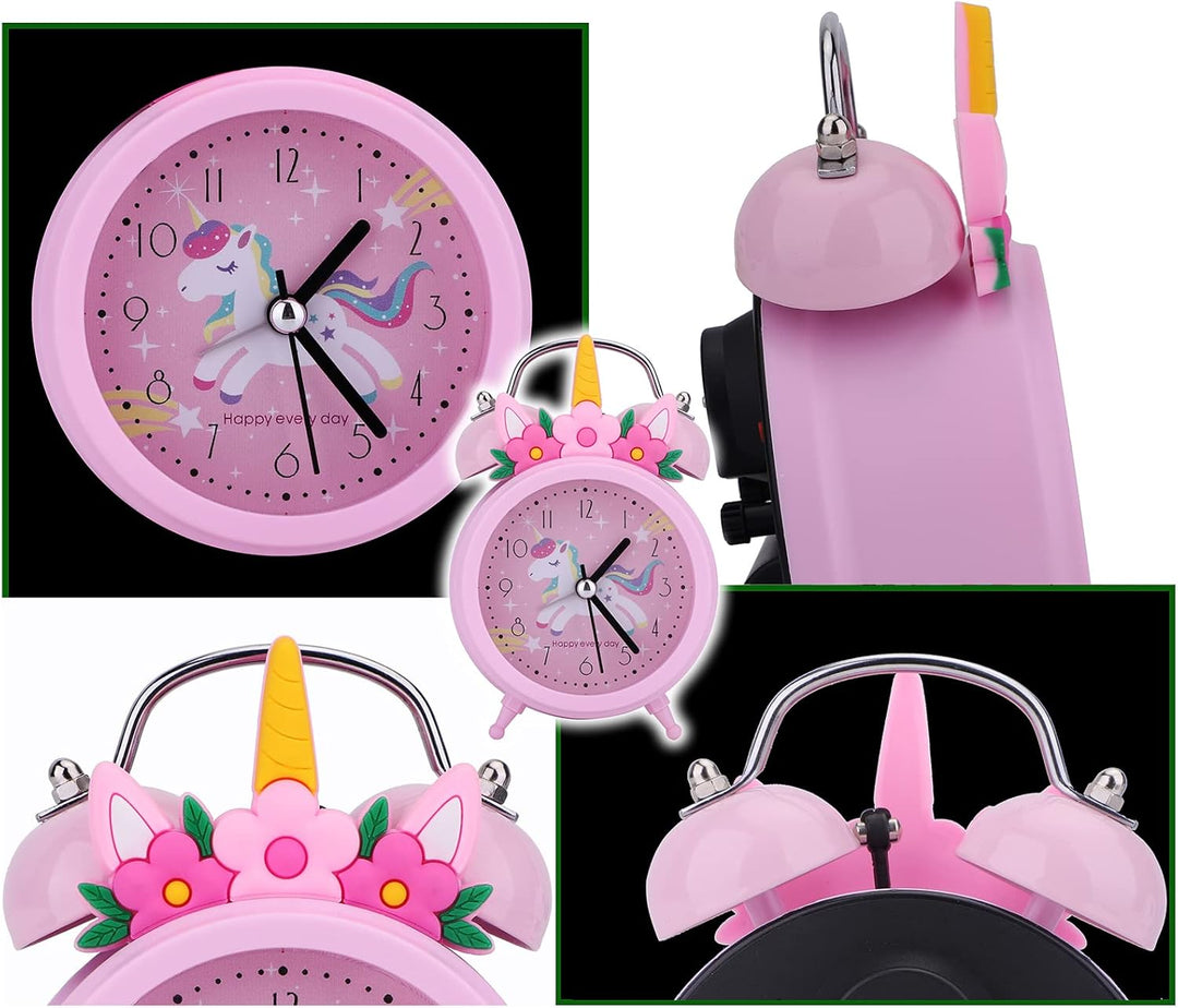 TCJJ Einhorn Wecker für Mädchen - Nicht Tickend, Leiser Nachttisch Rosa Mit Doppelglockenuhr und Hin