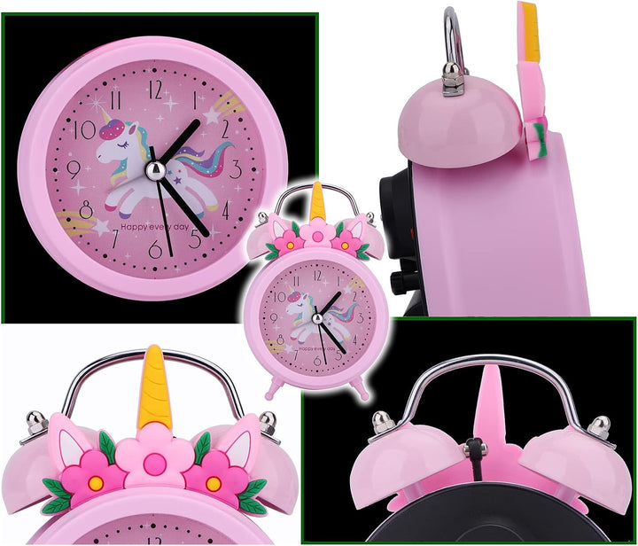 TCJJ Einhorn Wecker für Mädchen - Nicht Tickend, Leiser Nachttisch Rosa Mit Doppelglockenuhr und Hin