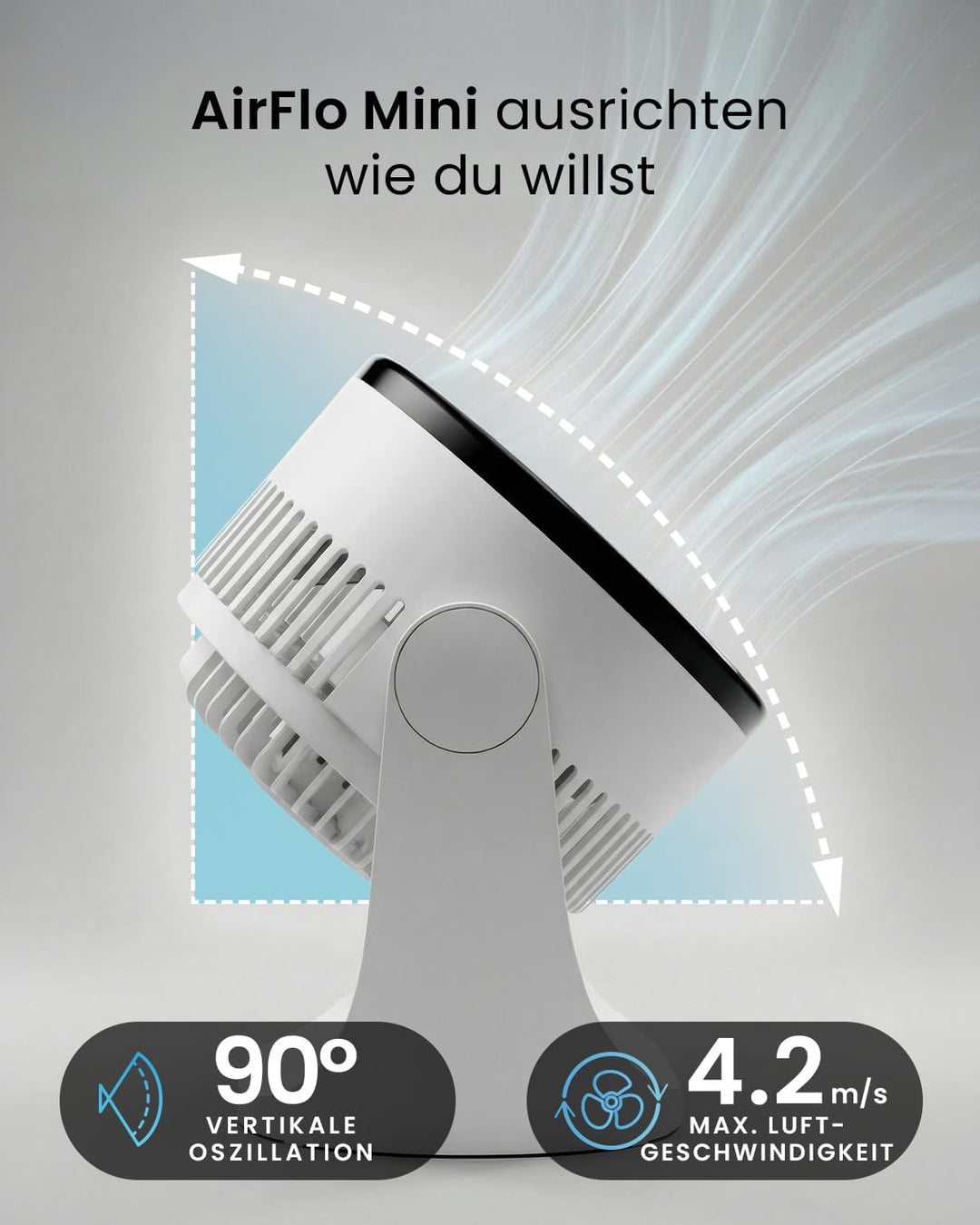 Pro Breeze AirFlo Mini Tischventilator – Leiser Turbo Ventilator mit 3 Stufen, 90° Neigung und kraft