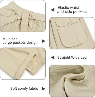 Rolanko Mädchen Baggy Cargo Hose, Elastisch Hohe Taille Gerade Weites Bein Streetwear Hose mit Mehre
