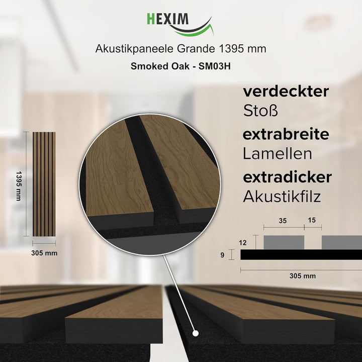 HEXIM Akustikpaneele 2 Stück 140x30cm Holz Grande - Wandpaneele Platten Lamellen Holzpaneele Echthol