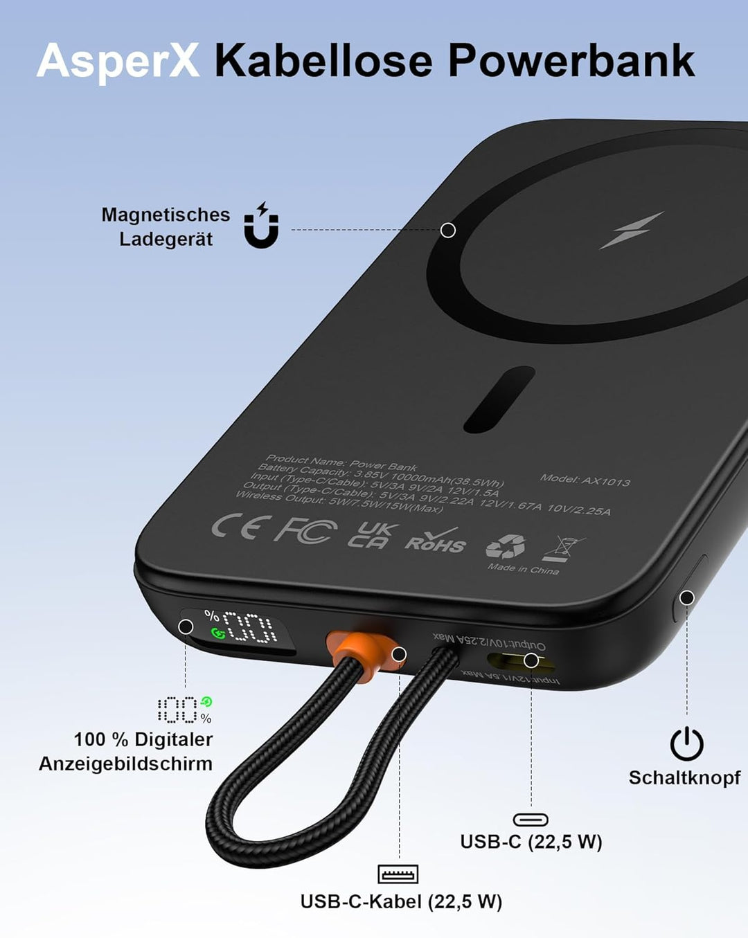 AsperX Magnetische Powerbank für Magsafe: 10000mAh Klein Wireless Power Bank mit 22.5W USB-C Kabel,