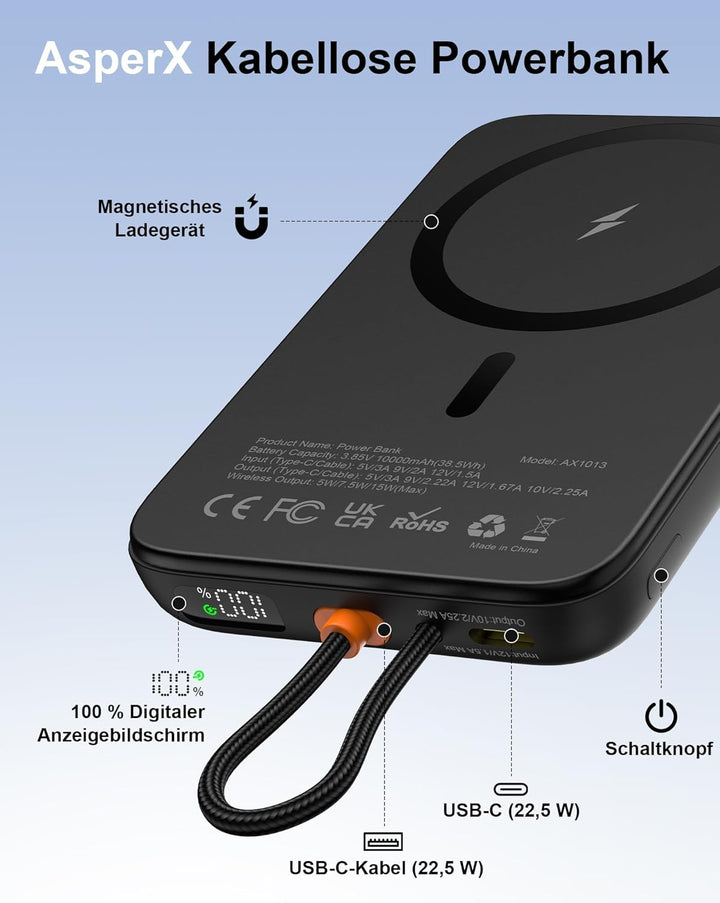 AsperX Magnetische Powerbank für Magsafe: 10000mAh Klein Wireless Power Bank mit 22.5W USB-C Kabel,