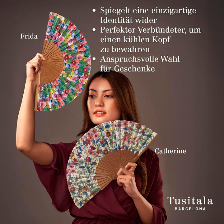 Spanischer Handfächer Abril – Holz und Baumwolle – 23 cm – Etui und Hülle aus Jute – Modeaccessoire